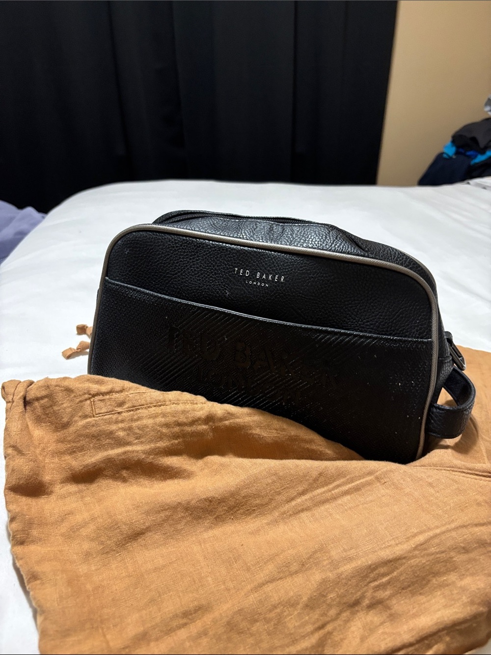 Ted Baker Black Leather Toiletry Bag with Contrast Piping